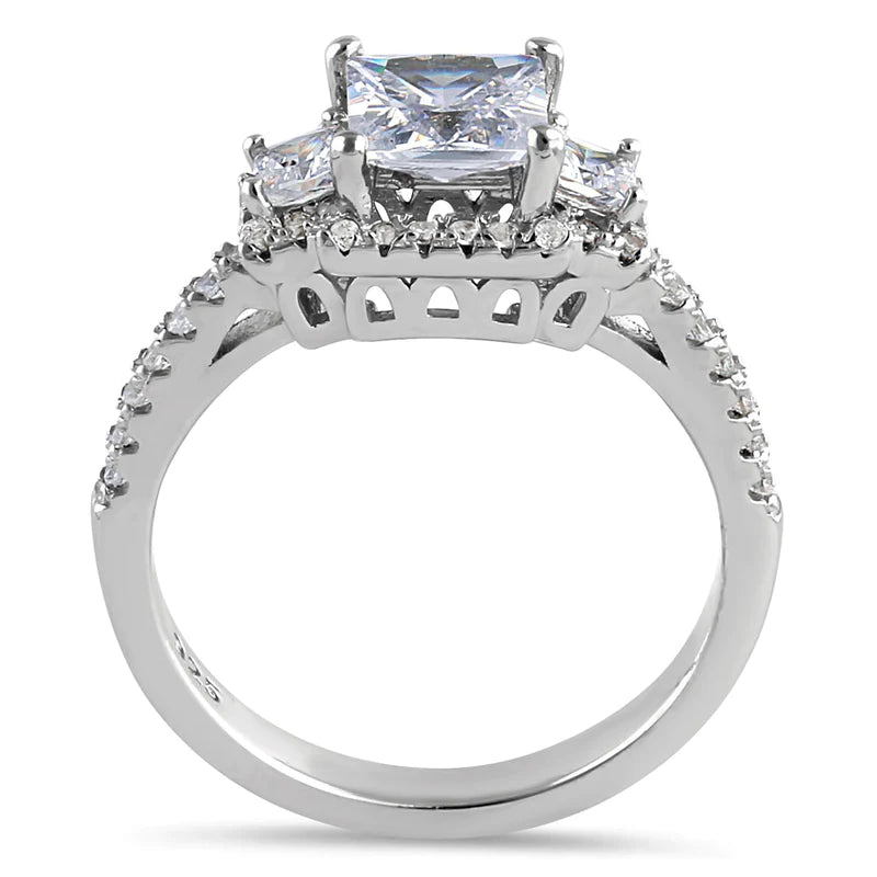 JB:SRZ6429 Sterling Silver Cathedral Triple Princess Cut Halo Clear CZ Engagement Ring