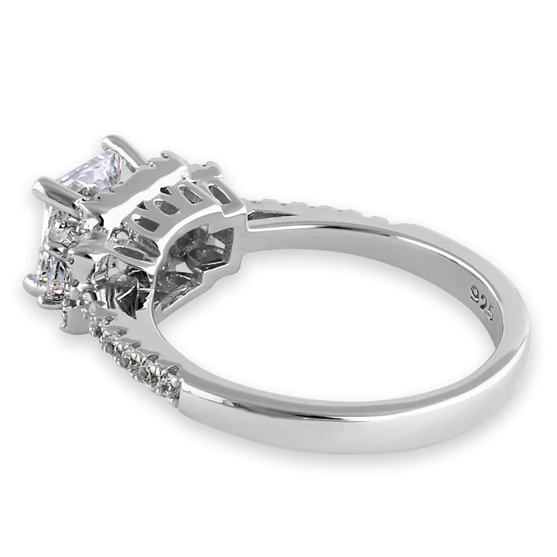 JB:SRZ6429 Sterling Silver Cathedral Triple Princess Cut Halo Clear CZ Engagement Ring