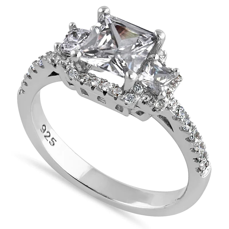 JB:SRZ6429 Sterling Silver Cathedral Triple Princess Cut Halo Clear CZ Engagement Ring