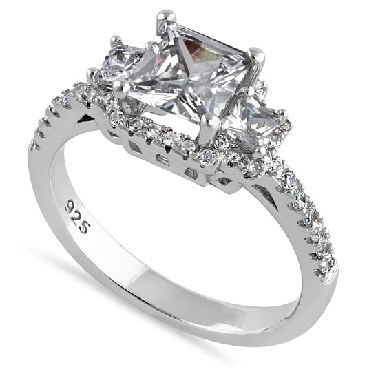 JB:SRZ6429 Sterling Silver Cathedral Triple Princess Cut Halo Clear CZ Engagement Ring
