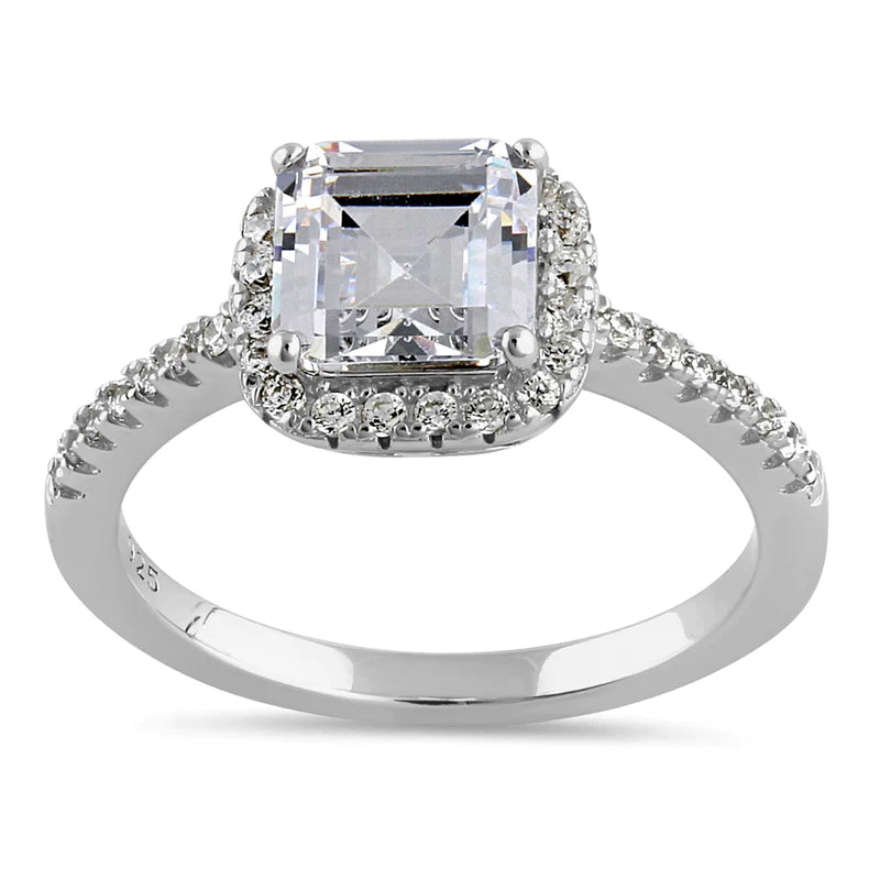 JB:SRZ6430 Sterling Silver Chic Square Halo with Round Cut Clear CZ Engagement Ring
