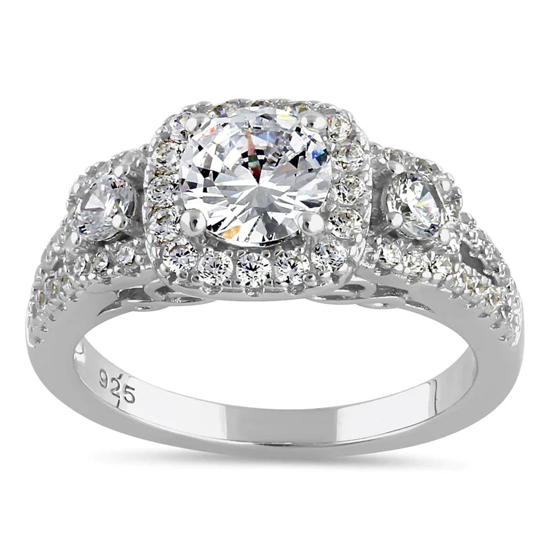 JB:SRZ6437 Sterling Silver Luxurious Filigree Halo Trio Round Cut Clear CZ Engagement Ring