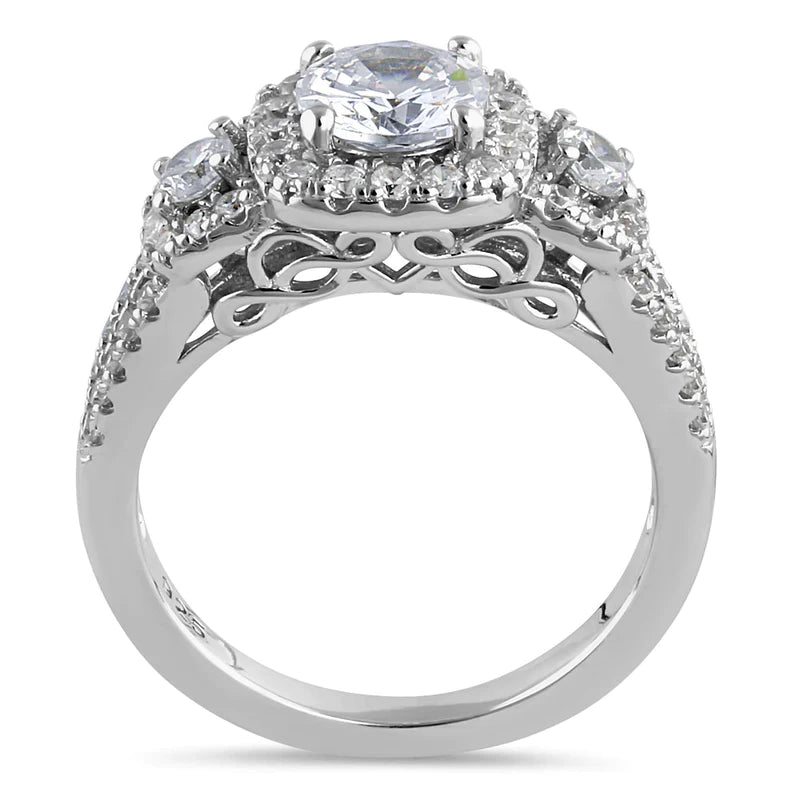 JB:SRZ6437 Sterling Silver Luxurious Filigree Halo Trio Round Cut Clear CZ Engagement Ring