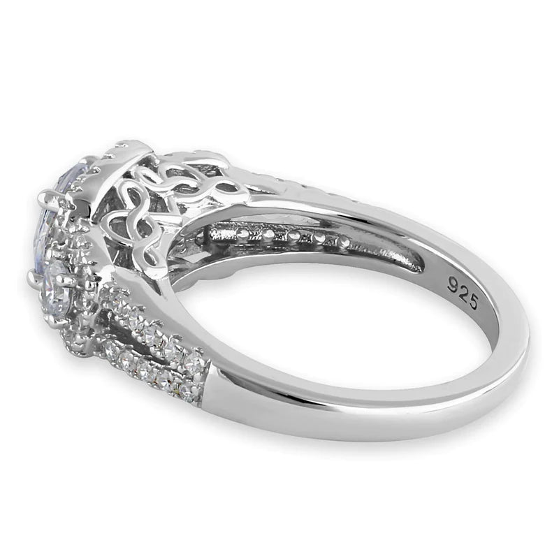 JB:SRZ6437 Sterling Silver Luxurious Filigree Halo Trio Round Cut Clear CZ Engagement Ring
