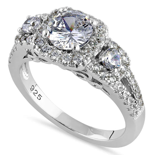 JB:SRZ6437 Sterling Silver Luxurious Filigree Halo Trio Round Cut Clear CZ Engagement Ring