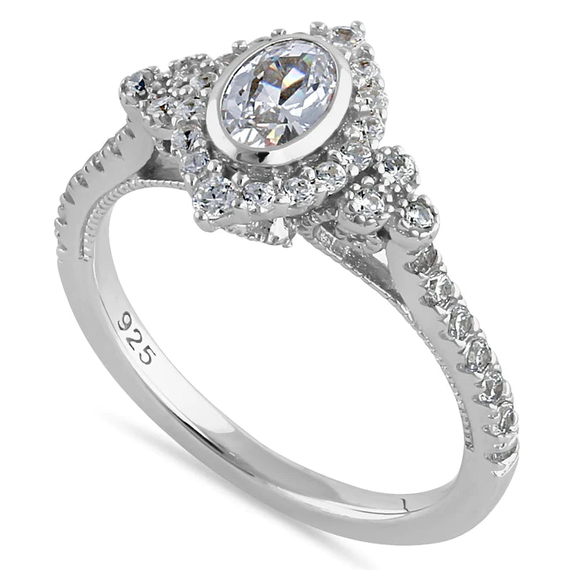 JB:SRZ6438  Sterling Silver Victorian Oval Marquise Halo Round Cut Clear CZ Engagement Ring