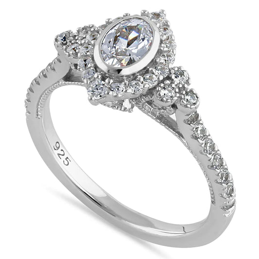 JB:SRZ6438  Sterling Silver Victorian Oval Marquise Halo Round Cut Clear CZ Engagement Ring