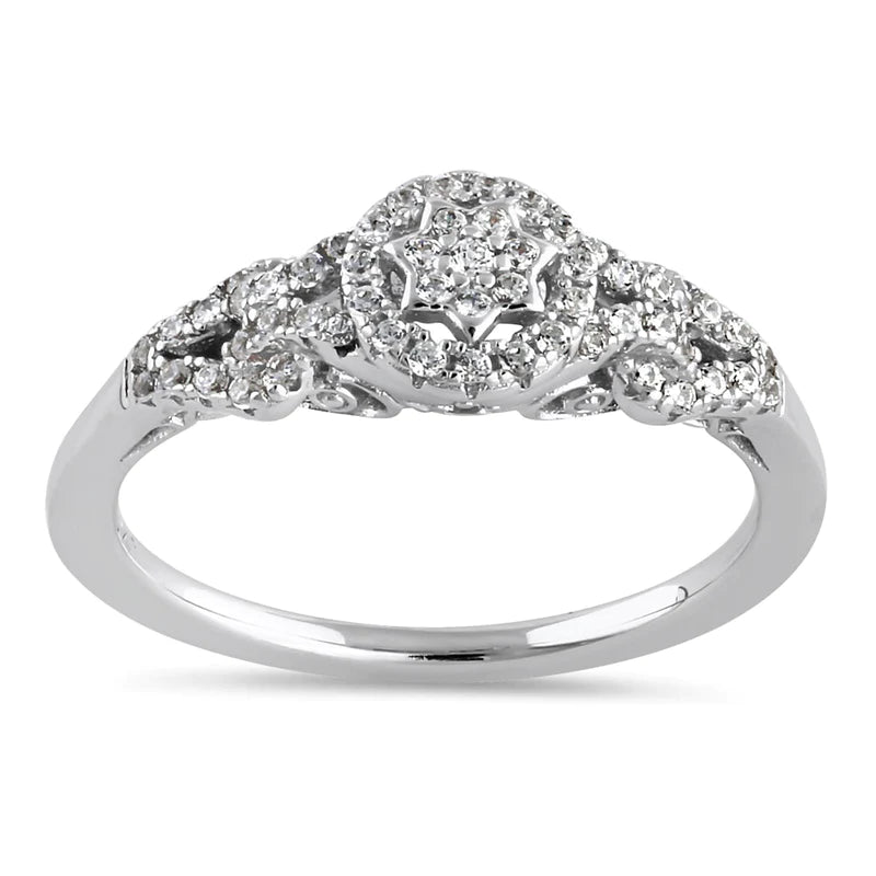 JB:SRZ6441 Sterling Silver Petite Flower Cluster Halo Round Cut Clear CZ Linked Engagement Ring