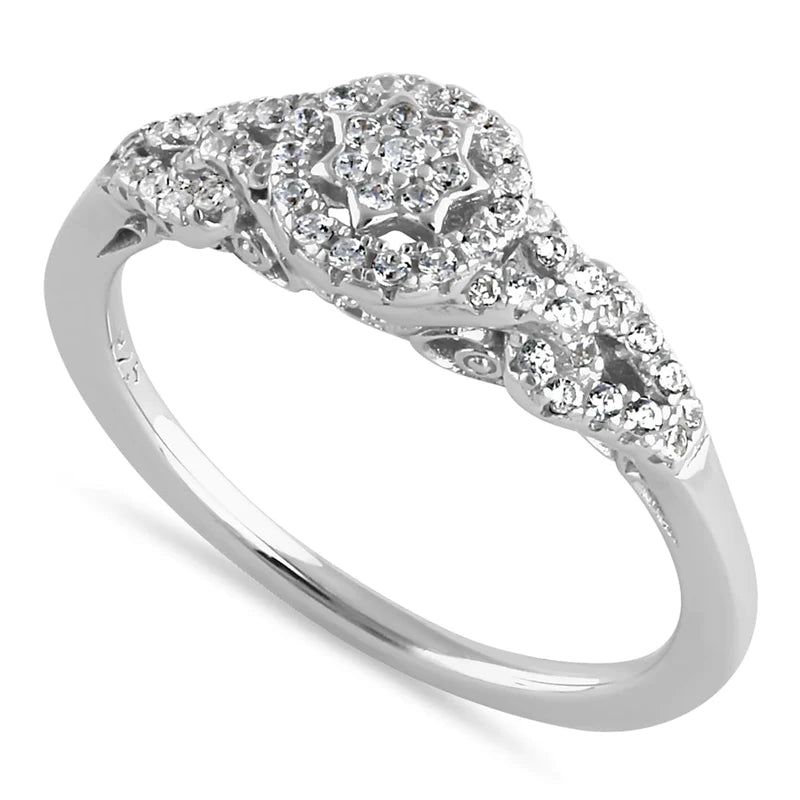JB:SRZ6441 Sterling Silver Petite Flower Cluster Halo Round Cut Clear CZ Linked Engagement Ring