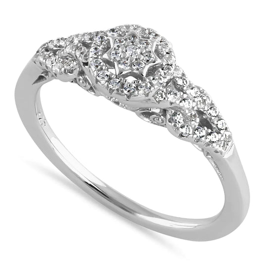 JB:SRZ6441 Sterling Silver Petite Flower Cluster Halo Round Cut Clear CZ Linked Engagement Ring