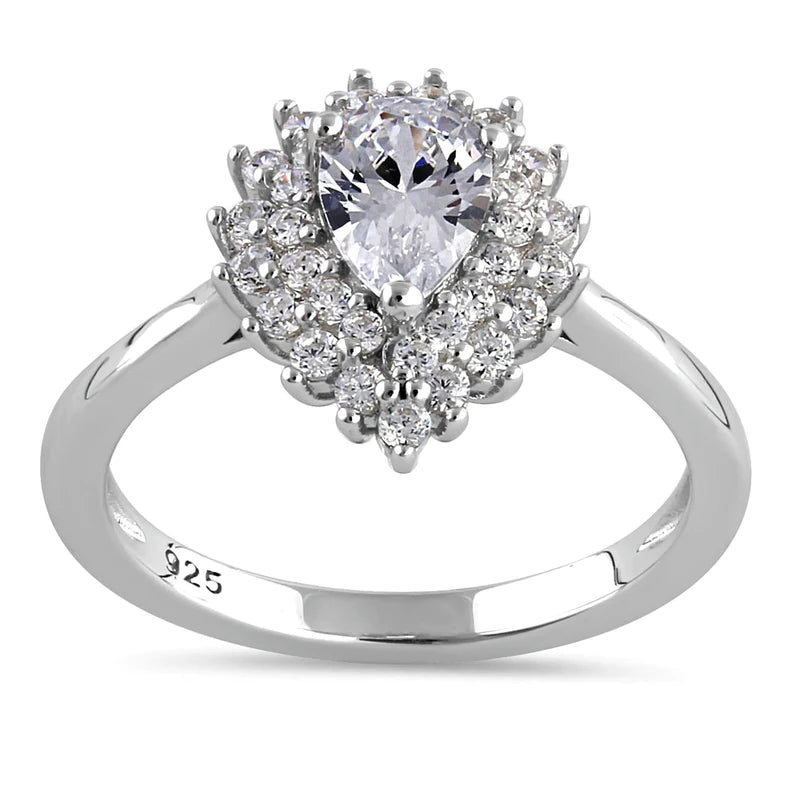 JB:SRZ6443 Sterling Silver Elegant Pear Halo Round Cut Clear CZ Engagement Ring