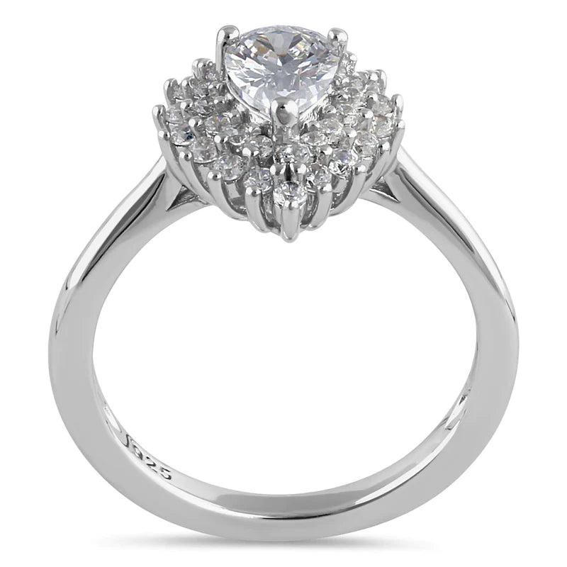 JB:SRZ6443 Sterling Silver Elegant Pear Halo Round Cut Clear CZ Engagement Ring
