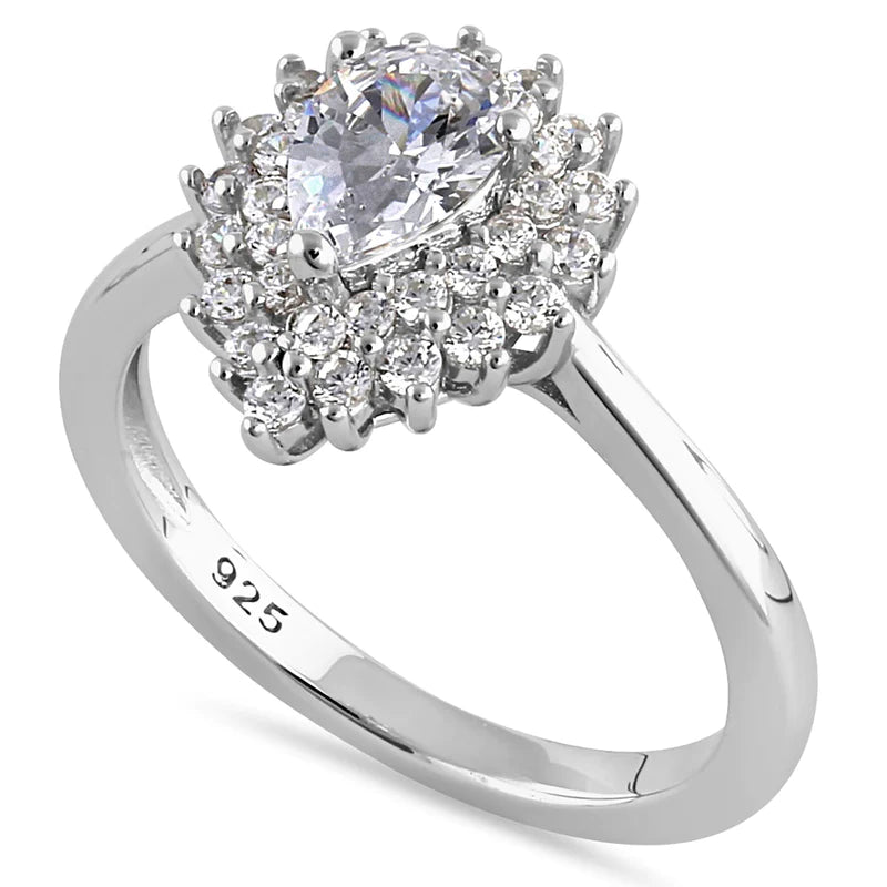JB:SRZ6443 Sterling Silver Elegant Pear Halo Round Cut Clear CZ Engagement Ring