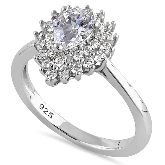 JB:SRZ6443 Sterling Silver Elegant Pear Halo Round Cut Clear CZ Engagement Ring