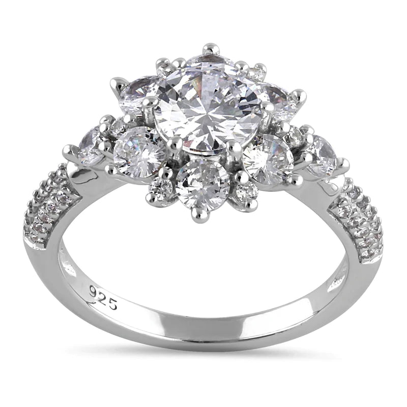 JB:SRZ6446 Sterling Silver Exotic Wild Flower Round Cut Clear CZ Engagement Ring