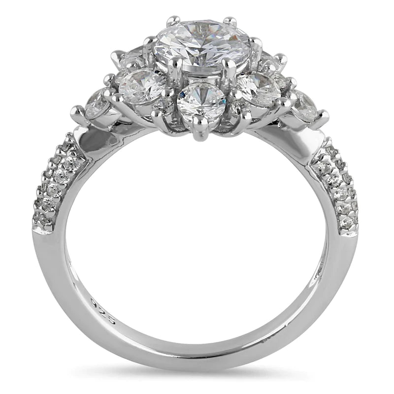 JB:SRZ6446 Sterling Silver Exotic Wild Flower Round Cut Clear CZ Engagement Ring