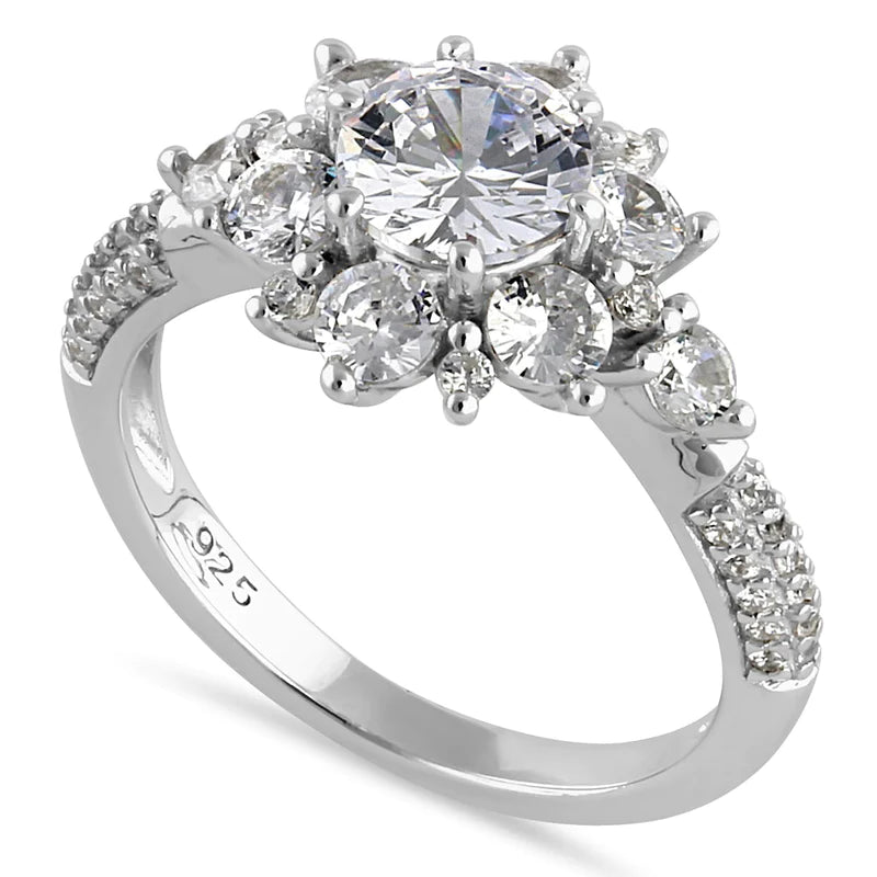 JB:SRZ6446 Sterling Silver Exotic Wild Flower Round Cut Clear CZ Engagement Ring