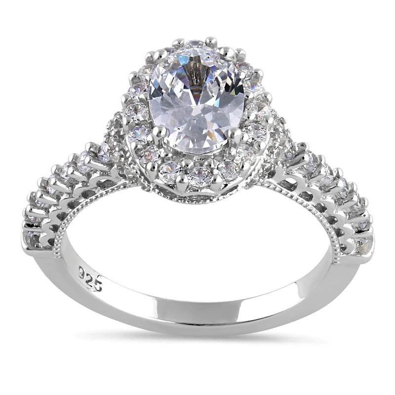 JB:SRZ6448 Sterling Silver Vintage Clear CZ Oval Halo Engagement Ring