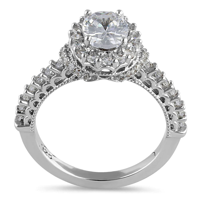 JB:SRZ6448 Sterling Silver Vintage Clear CZ Oval Halo Engagement Ring