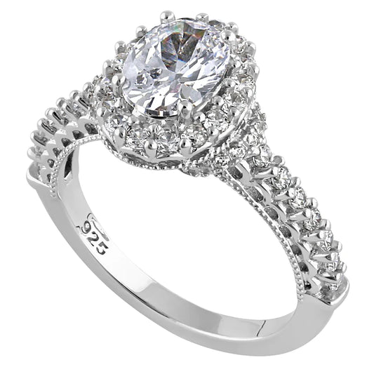 JB:SRZ6448 Sterling Silver Vintage Clear CZ Oval Halo Engagement Ring