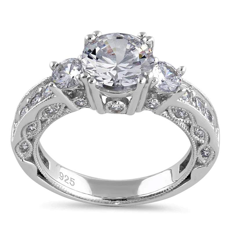 JB:SRZ6449 Sterling Silver 8.0mm Round Cut Clear CZ Modern Marquise Engagement Ring