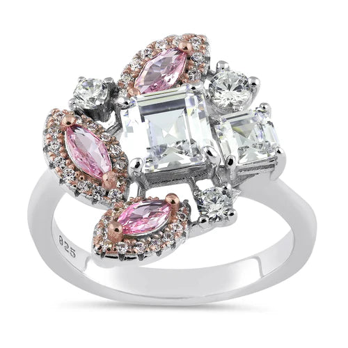JB:SRZ6746Sterling Silver Square Marquise and Round Cut Pink and White CZ Cluster Ring