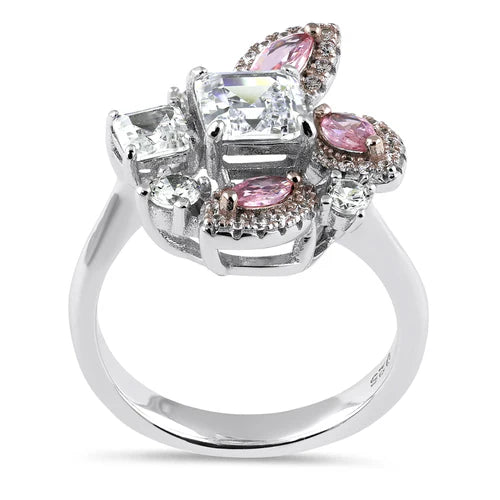JB:SRZ6746Sterling Silver Square Marquise and Round Cut Pink and White CZ Cluster Ring