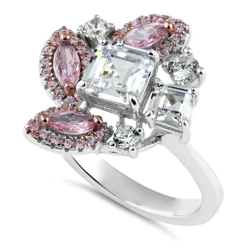 JB:SRZ6746Sterling Silver Square Marquise and Round Cut Pink and White CZ Cluster Ring
