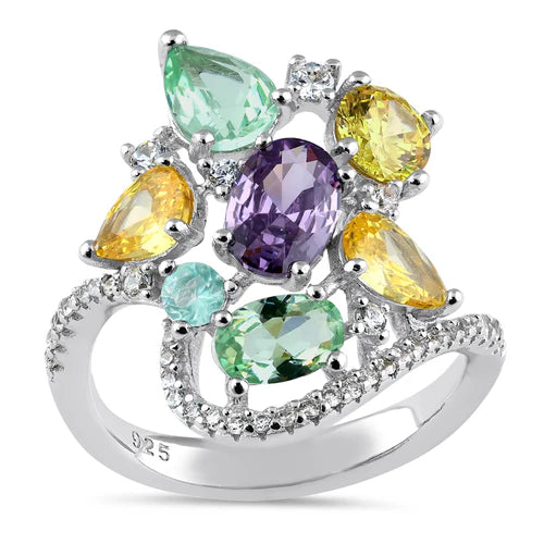JB:SRZ6748 Sterling Silver Extravagant Colorful CZ Cluster Ring