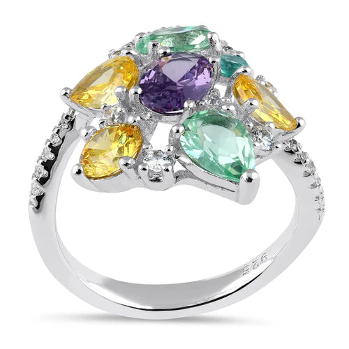 JB:SRZ6748 Sterling Silver Extravagant Colorful CZ Cluster Ring