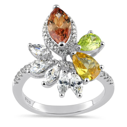 JB:SRZ6749 Sterling Silver Champagne Yellow and Apple Green CZ Ring