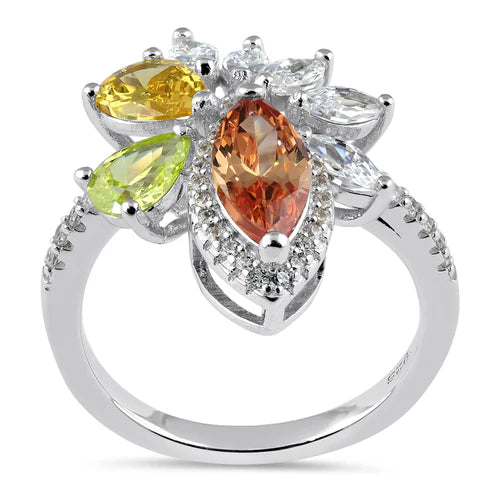 JB:SRZ6749 Sterling Silver Champagne Yellow and Apple Green CZ Ring