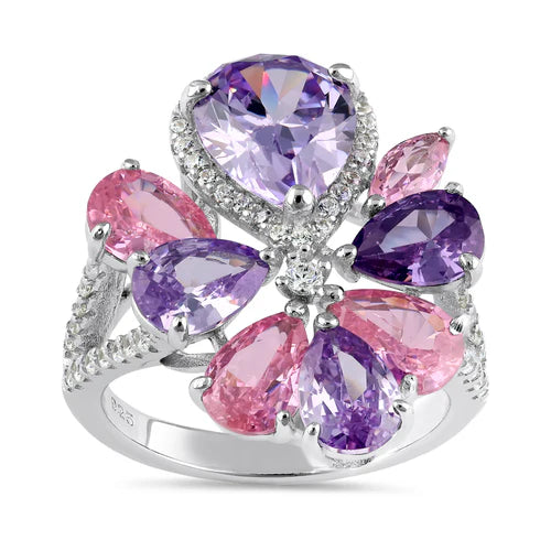 JB:SRZ6755 Sterling Silver Pink and Lavender CZ Cluster Ring