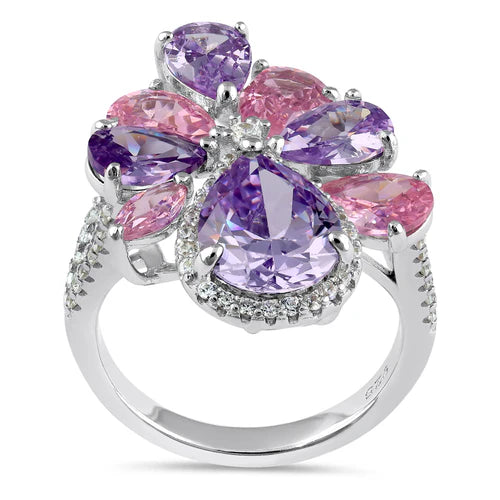 JB:SRZ6755 Sterling Silver Pink and Lavender CZ Cluster Ring