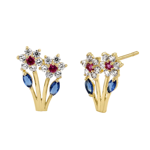JB:OEZ329 Solid 14K Yellow Gold Growing Flower CZ Earrings