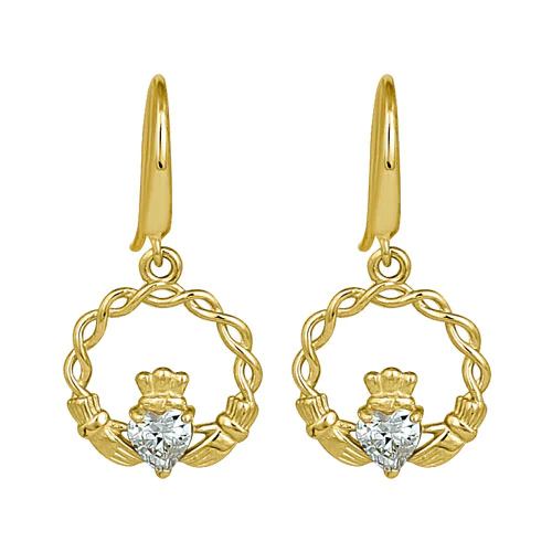 JB:OEZ081 Solid 14K Yellow Gold Claddagh CZ Hook Earrings