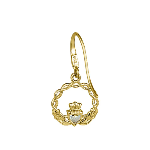 JB:OEZ081 Solid 14K Yellow Gold Claddagh CZ Hook Earrings