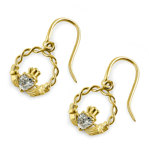 JB:OEZ081 Solid 14K Yellow Gold Claddagh CZ Hook Earrings