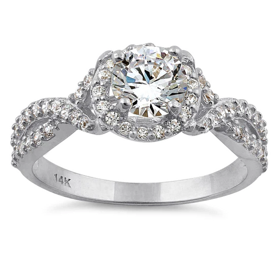 JB:ORZ205 Solid 14K White Gold Twist Round Halo Engagement Clear CZ Ring