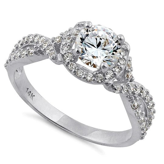 JB:ORZ205 Solid 14K White Gold Twist Round Halo Engagement Clear CZ Ring