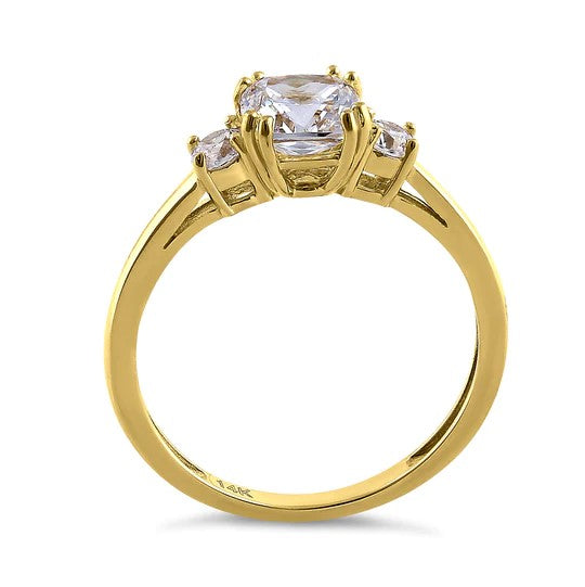 JB:ORZ179 Solid 14K Yellow Gold Cushion Cut Triple CZ Engagement Ring