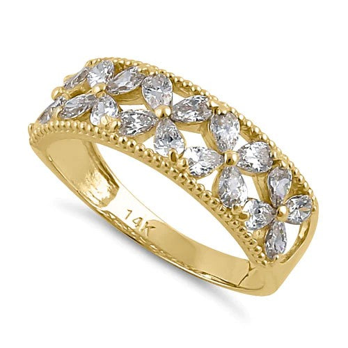 JB:ORZ065 Solid 14K Yellow Gold Flower CZ Ring