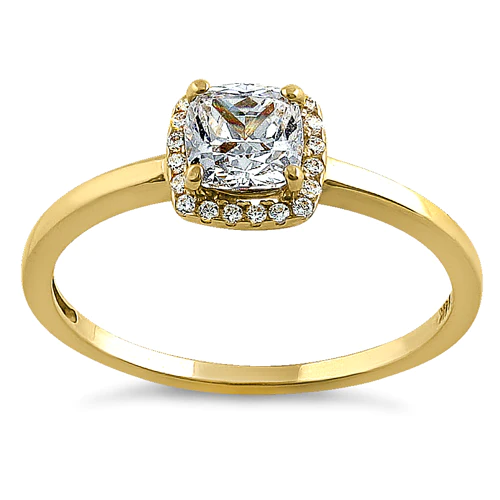 JB:ORZ091 Solid 14K Yellow Gold Simple Halo Cushion Cut CZ Engagement Ring
