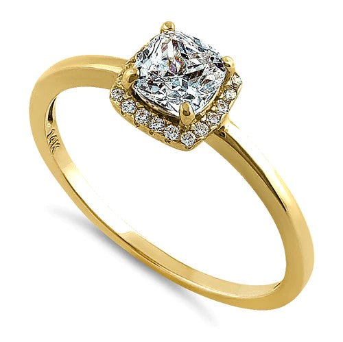 JB:ORZ091 Solid 14K Yellow Gold Simple Halo Cushion Cut CZ Engagement Ring
