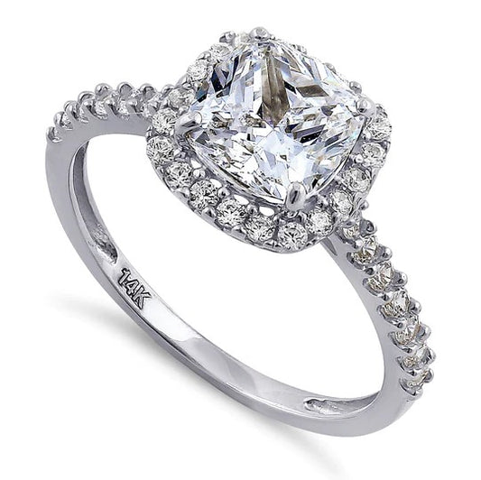 JB:ORZ132 Solid 14K White Gold Cushion Cut Halo CZ Engagement Ring