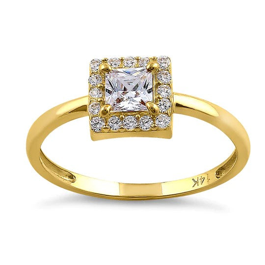 JB:ORZ189 Solid 14K Yellow Gold Princess Cut Halo CZ Engagement Ring
