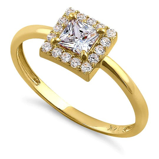 JB:ORZ189 Solid 14K Yellow Gold Princess Cut Halo CZ Engagement Ring