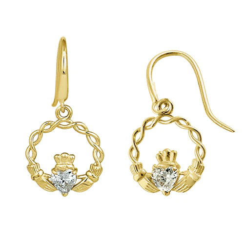 JB:OEZ081 Solid 14K Yellow Gold Claddagh CZ Hook Earrings