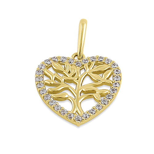 JB:OPZ094 Solid 14K Yellow Gold Heart Tree of Life CZ Pendant