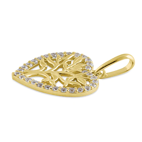 JB:OPZ094 Solid 14K Yellow Gold Heart Tree of Life CZ Pendant